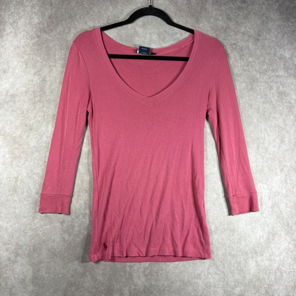 Ralph Lauren T-Shirt Womens Small Pink V-Neck 3/4 Sleeve Cotton Logo Casual y2k